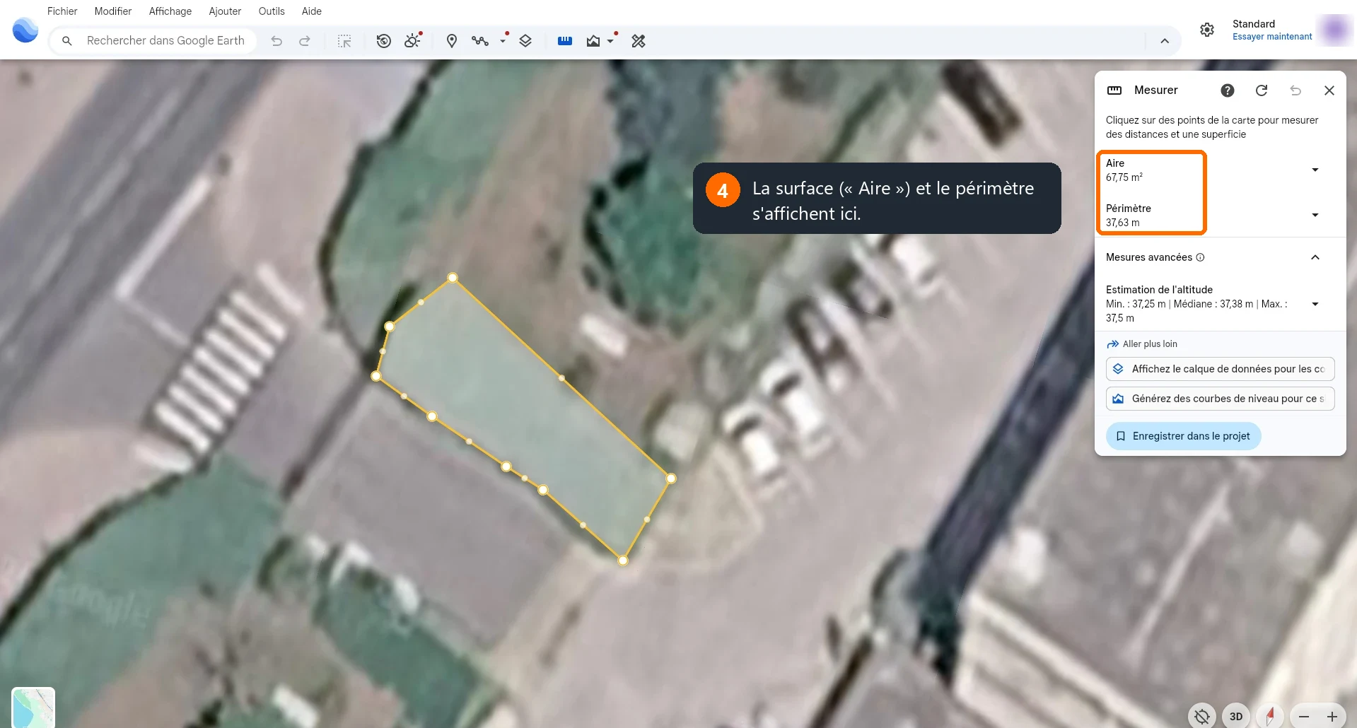Surface en m² indiquée dans Google Earth