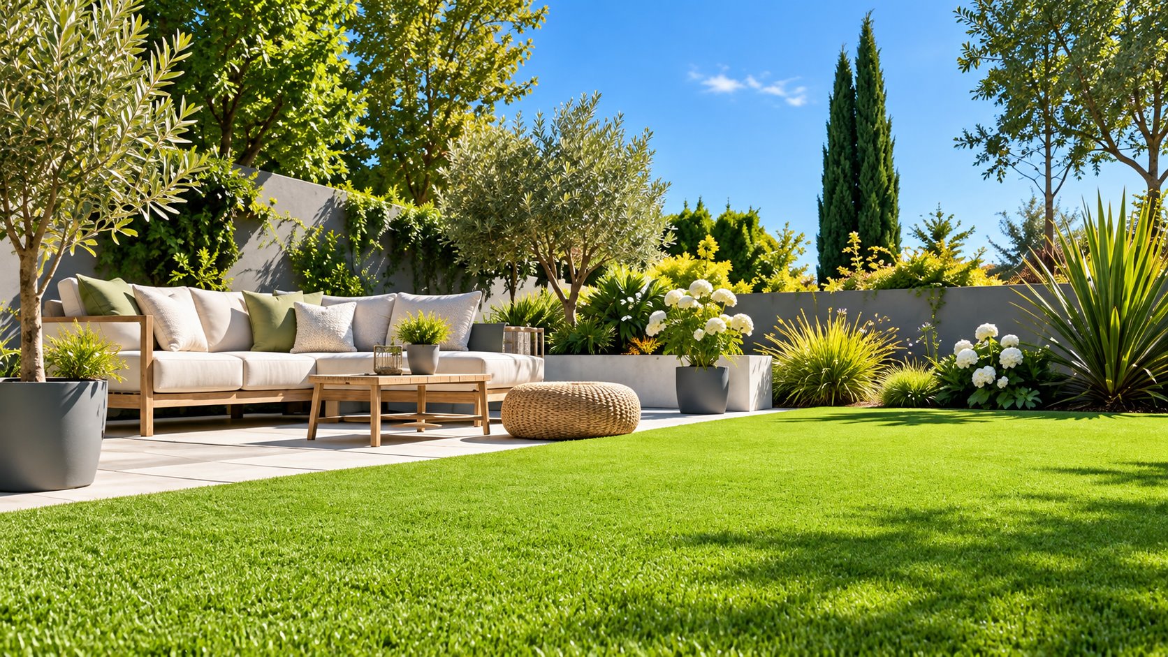 Illustration d’un jardin en gazon synthétique avec terrasse et salon extérieur